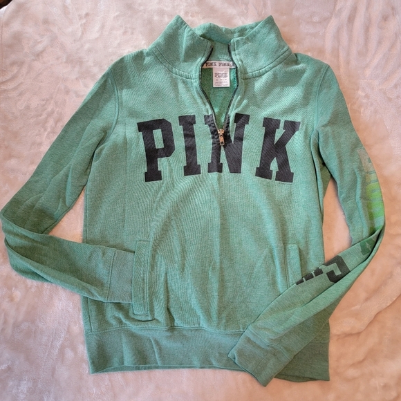 PINK Victoria's Secret Quarter Zip Pullover Green Sweatshirt Size XS - Picture 1 of 7
